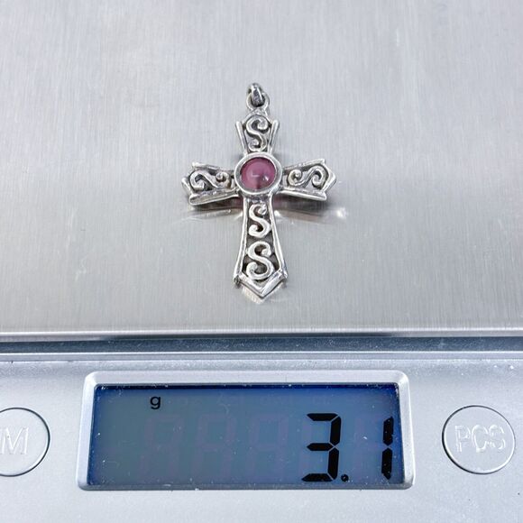 Vintage Sterling Silver 925 Pink Glass Ornate Cross Pendant - Picture 6 of 7